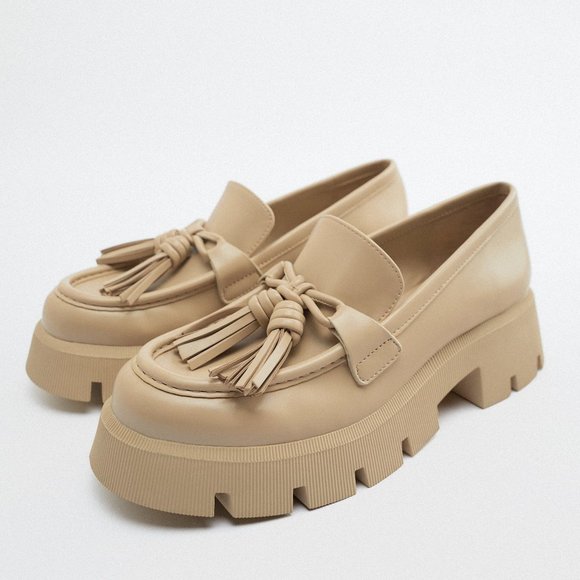 ZARA Lug Sole Platform Loafers with Tassels- Sand Brown